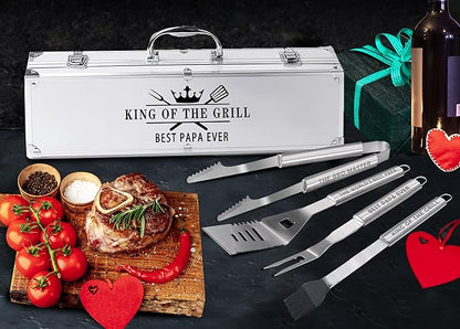 Bonsai Tree Papa Gifts, Papa Gifts from Grandkids, Grill Tool for Papa Present - Cool Grilling BBQ Set for Grandpa- Stainless Steel Heavy Duty Set 4
