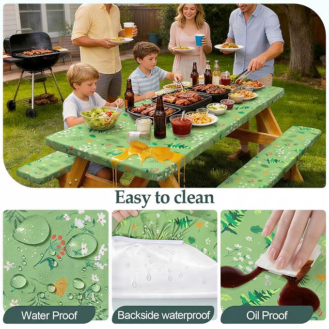Picnic Table Cover Bench Covers Camping Essentials Tablecloth | Waterproof Vinyl for Outdoor, Windproof Elastic Fitted Edges, RV BBQ Accessories Must Haves, Storage Bag Included