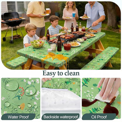 Picnic Table Cover Bench Covers Camping Essentials Tablecloth | Waterproof Vinyl for Outdoor, Windproof Elastic Fitted Edges, RV BBQ Accessories Must Haves, Storage Bag Included
