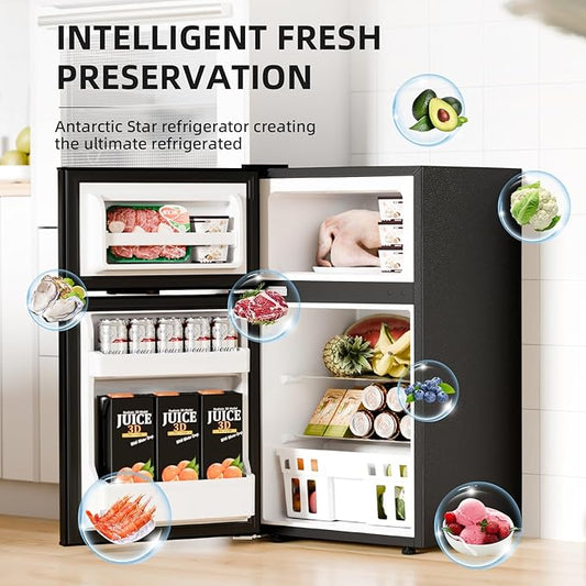 Antarctic Star Compact Refrigerator with Freezer,2 Door Mini Fridge,Adjustable Shelf,Small Fridge for Bedroom Office Dorm Kitchen,3.2 Cu.Ft.BLACK