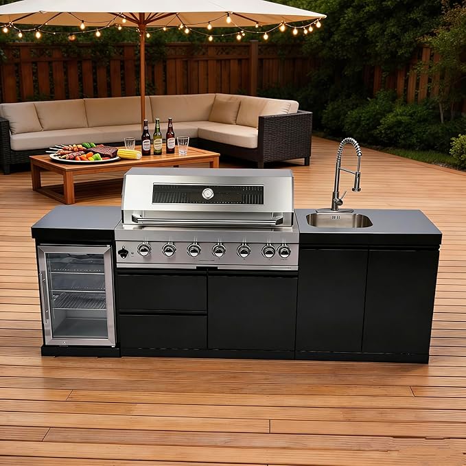 96-Inch 6-Burner Natural Gas Outdoor Kitchen Grill Island - 85000 BTU Stainless Steel BBQ, Refrigerator, Rotisserie, Stainless Countertops, Soft-Close Storage, For Patio, Lawn, Backyard, Black
