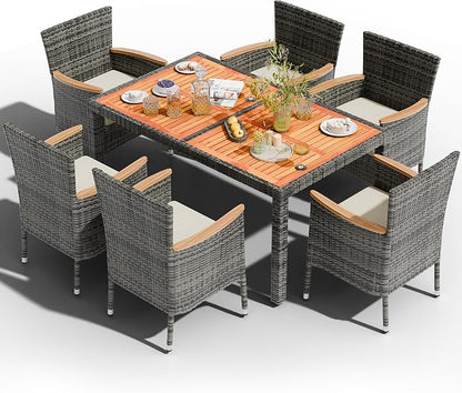 Shintenchi 7 PCS Patio Dining Set, Wicker Patio Conversation Set with Wooden Table Top, Outdoor Table and Chairs with Soft Cushions for Backyard, Deck and Garden, Grey Rattan