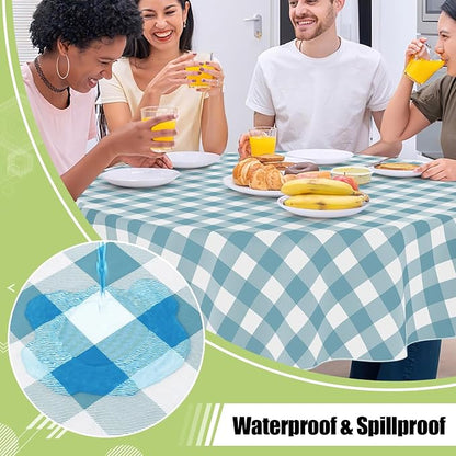 Smiry Picnic Table Cloth, Vinyl Tablecloths with Flannel Backing, 60" Round | Waterproof Picnic Table Cloth, Wipeable Buffalo Plaid Table Cover for Indoor and Outdoor (Aquamarine & White)