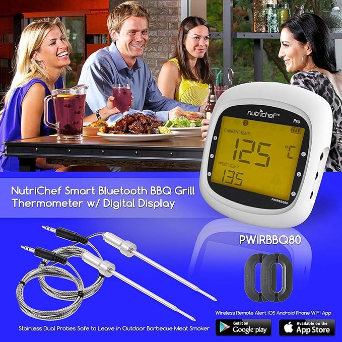 NutriChef Wireless Bluetooth BBQ Digital Thermometer - Upgraded Stainless Smart Dual Grill Probes w/ Remote Alert, Safe to Use in Outdoor Barbecue Meat Smoker, Works w/ iOS Android Phone - NutriChef