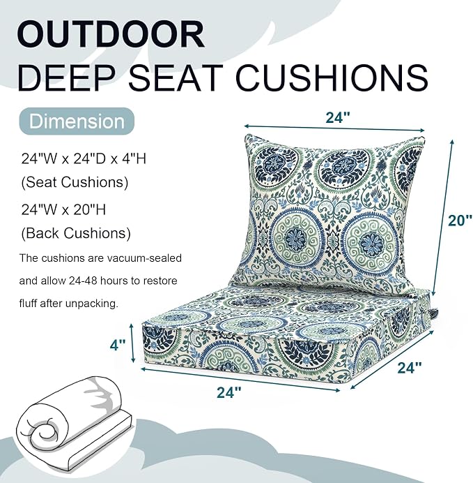 DYTXIII Outdoor Deep Seat Cushion Set, Water Repellent 24"x24" Patio Thick Cushions Replacement with Seat & Back Pillow for Patio Sofa, Wicker Chair, Couch - Wreath Blue
