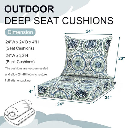 DYTXIII Outdoor Deep Seat Cushion Set, Water Repellent 24"x24" Patio Thick Cushions Replacement with Seat & Back Pillow for Patio Sofa, Wicker Chair, Couch - Wreath Blue