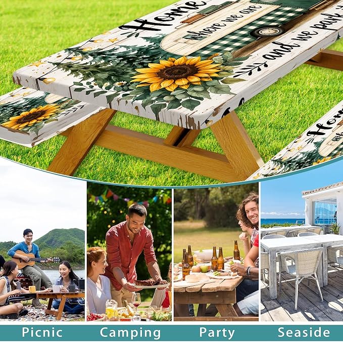 Picnic Table Cover with Bench Covers Camping Essentials Green Checkered RV Forest Sunflower Wooden Outdoor Table Covers with Elastic Waterproof Camping Tablecloth for Indoor & Outdoor 3 PCS 30x96 Inch