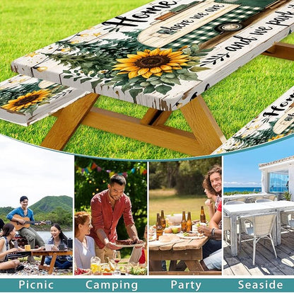 Picnic Table Cover with Bench Covers Camping Essentials Green Checkered RV Forest Sunflower Wooden Outdoor Table Covers with Elastic Waterproof Camping Tablecloth for Indoor & Outdoor 3 PCS 30x72 Inch