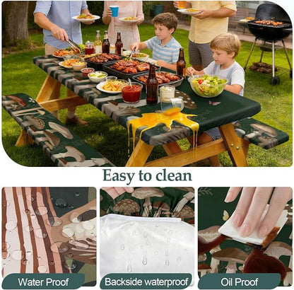 Picnic Table Cover with Bench Covers Camping Essentials Waterproof Windproof Camping Tablecloth with Drawstring Bag, Fitted Rectangle Tables and Seats, 72in, Dark Green Mushroom