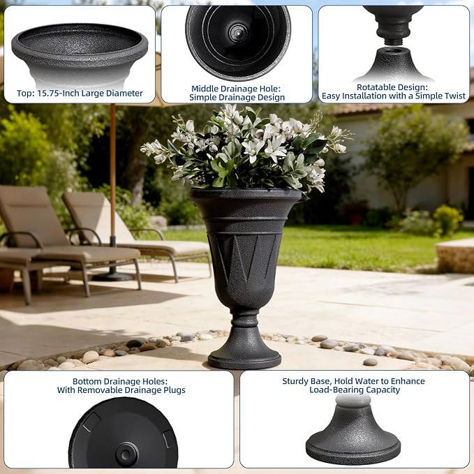 24" Tall Urn Planters for Outdoor Plants, Urns and Pedestal, Black | Resin HDPE Weather-Resistant Material, Vintage Trophy Design Outdoor Planters with Drainage Holes, Flower Pot/Vase/Porch Door