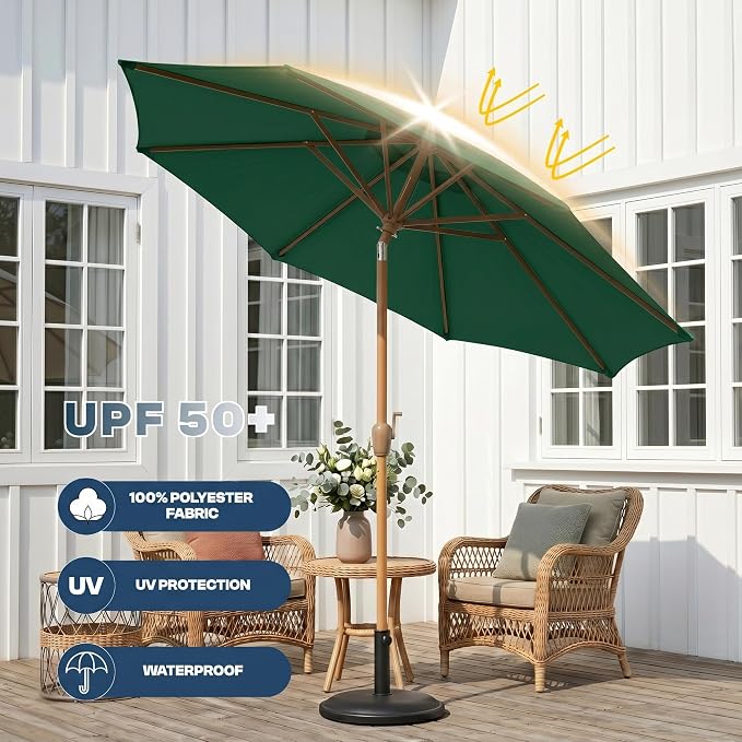 9ft Outdoor Patio Umbrella, Market Table Umbrella with Crank and Easy Push Button Tilt, Wood Grain Frame, UPF 50+ for Pool, Garden, Deck, Backyard