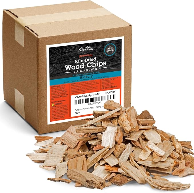Camerons All Natural Hickory Wood Chips for Smoker -420 Cu. In. Box, Approx 5 Pounds- Kiln Dried Coarse Cut BBQ Grill Wood Chips for Smoking Meat - Barbecue Smoker Accessories - Grilling Gifts for Men