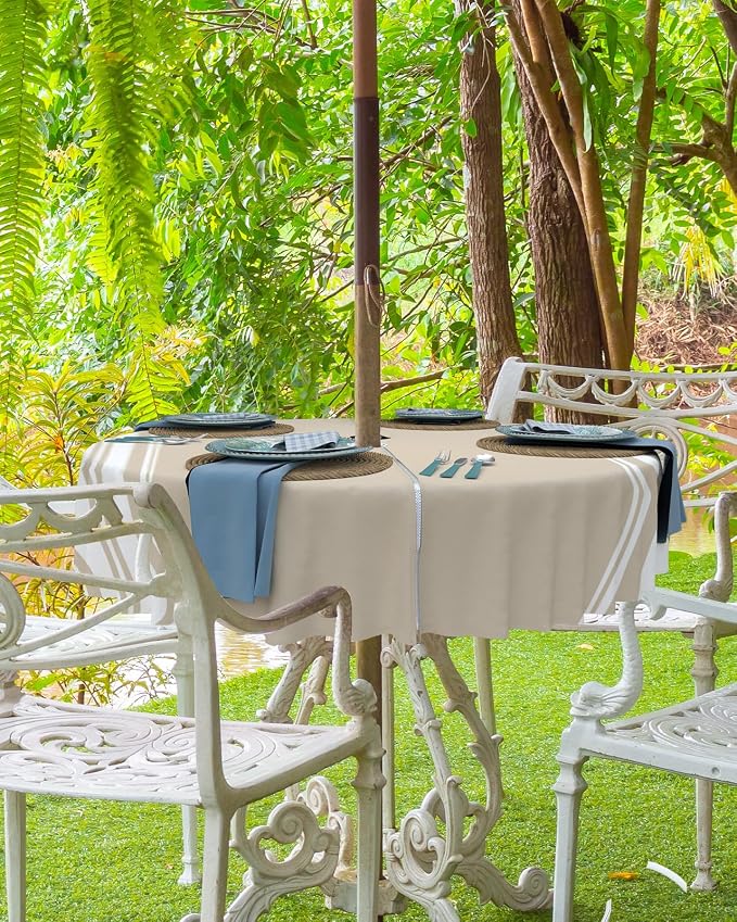 QueenKer Outdoor Tablecloth with Umbrella Hole, Khaki and White Stripe Round Tables Waterproof Tabletop Collection for Patio, Garden, Picnic, Camping, Dining 60R