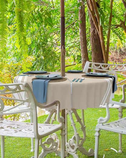 QueenKer Outdoor Tablecloth with Umbrella Hole, Khaki and White Stripe Round Tables Waterproof Tabletop Collection for Patio, Garden, Picnic, Camping, Dining 60R