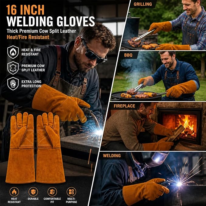 Leather Welding Gloves - Thick Premium Cow Split Leather, Heat Resistant, Welding, Grilling, BBQ & Fireplace