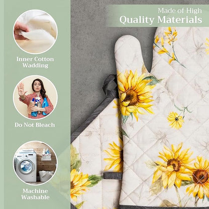 Maison d' Hermine 100% Cotton Oven Mitt & Pot Holder Set (7.5"x13" & 8"x8") Heat Resistant BBQ Cooking Gloves with Loop Baking Grilling Kitchen Hotel Home Farmhouse Spring Summer (Candice)