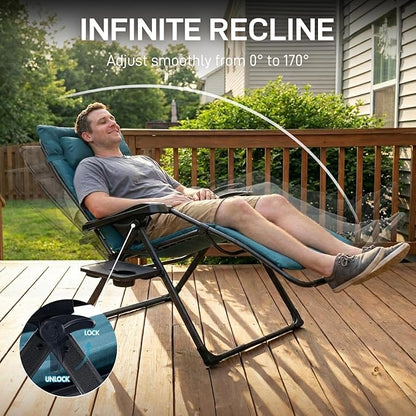 EVER ADVANCED Aluminum Zero Gravity Chair Oversized, Thick Padded Reclining Lounge Chair with Adjustable Headrest & Side Table, Heavy Duty Support 350 lbs, Foldable for Outdoor & Indoor, Green-2 Pack
