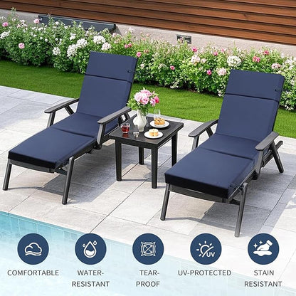 2 Pcs Outdoor Chaise Lounge Cushion 72" x 21" x 3", 4-Section Folding Patio Lounge Chair Cushion with Ties, Waterproof & Fade Resistant Replacement Cushion for Pool, Patio, Deck (Blue, 2 Pcs)