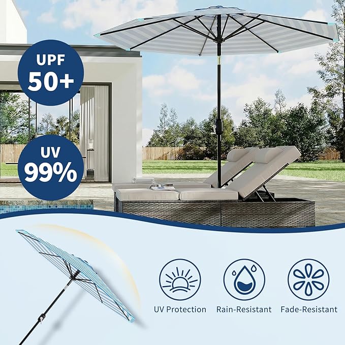 Garvee 10 ft Outdoor Patio Umbrella 8 Sturdy Ribs Outdoor Table Umbrella with Crank Lift & Push Button Tilt UV Protection Waterproof Market Umbrellas for Pool, Deck, Yard, Garden, Blue Stripes