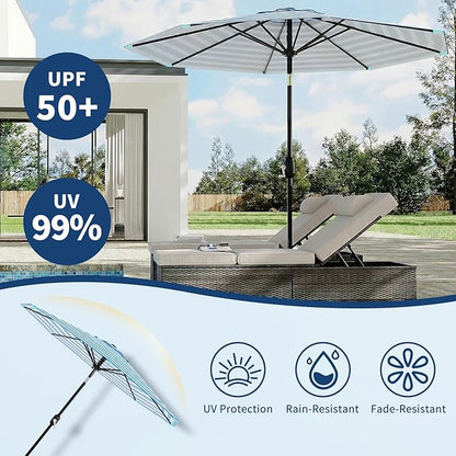 Garvee 10 ft Outdoor Patio Umbrella 8 Sturdy Ribs Outdoor Table Umbrella with Crank Lift & Push Button Tilt UV Protection Waterproof Market Umbrellas for Pool, Deck, Yard, Garden, Blue Stripes