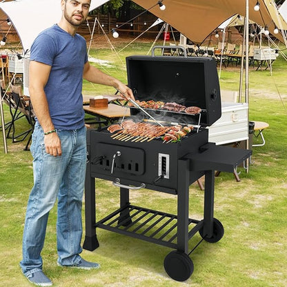Barrel Charcoal Grill with Side Tables, 544 sq.in Cooking Space, Portable Camping Grill w/Wheels, Charcoal Tray, Pull-out Ash Tray, Thermometer, Outdoor BBQ Grill for Patio, Backyard, Party