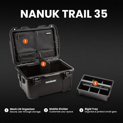 NANUK Trail 35 – 38.8 L (10.2-Gallon) Waterproof Gear Case – Modular Cargo Case for Camping, Fishing, Hunting & Outdoor Storage - Dustproof and Impact Resistant (22.0” x 15.9” x 11.6”) – Black