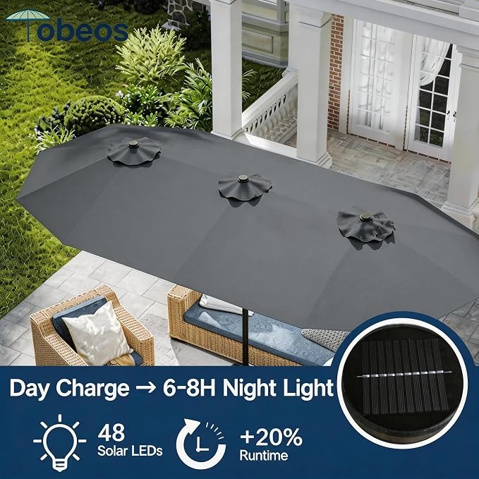 15ft Large Patio Umbrella with Solar Lights and Base, Double-Sided Outdoor Rectangle Umbrella with 48 LED Lights, Market Table Umbrellas with UV Resistant Canopy