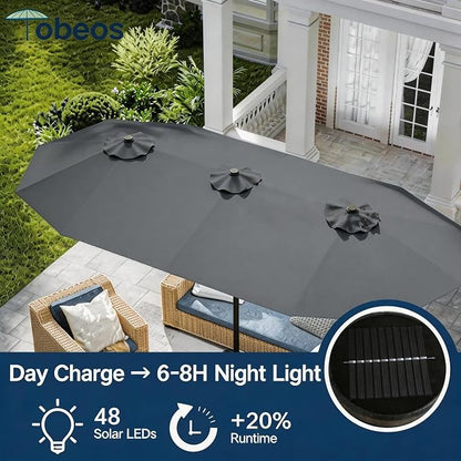 15ft Large Patio Umbrella with Solar Lights and Base, Double-Sided Outdoor Rectangle Umbrella with 48 LED Lights, Market Table Umbrellas with UV Resistant Canopy
