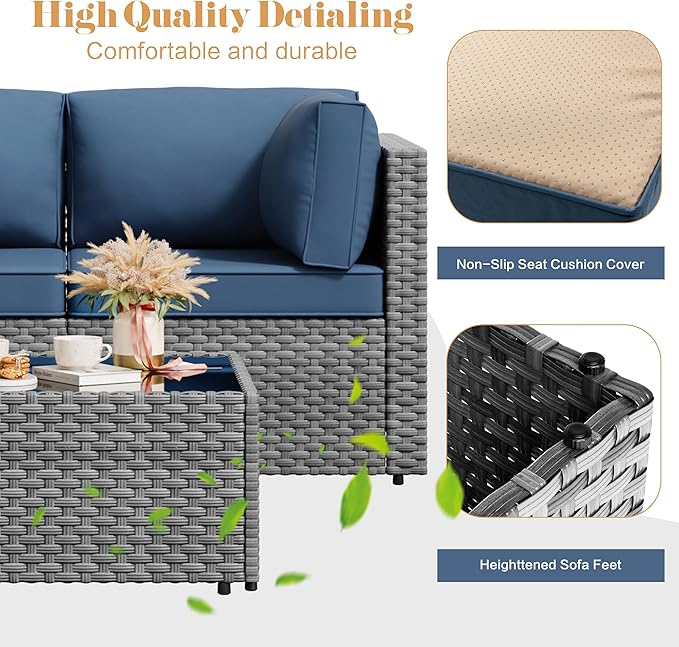 Vongrasig 5 Pieces Outdoor Sectional Furniture, All-Weather Rattan Patio Furniture Set, Wicker Patio Sectional Couch with Cushion, Glass Table, Navy Blue