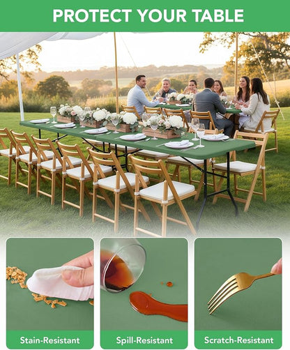 Fitted Tablecloth Rectangle Table Cloths with Elastic, 8 ft, Sage, 6 Pack | For Outdoor Picnic Camping Party 8 foot Folding Spandex Table Covers, Water-Resistant, Windproof, Reusable, 96"L x 30"W