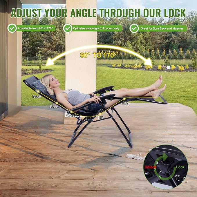 Backyard Expressions Deluxe XL Padded Recliner Zero Gravity Chair – Ergonomic Anti-Gravity Lounger with Folding Design, Side Tray, and Adjustable Headrest