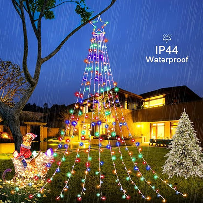 Christmas Decorations Star String Lights, 320 LED Waterfall Tree Lights with 13" Topper Star 8 Lighting Modes Indoor Outdoor Decorative for New Year, Holiday, Wedding, Party (Multicolor)