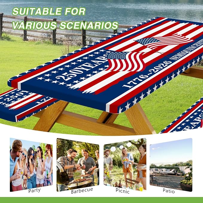 250th Anniversary America Flag Picnic Table Cover with Bench Covers Camping Essentials 250 USA Flag 1776-2026 Waterproof Fitted Camping Tablecloth Cover with Elastic Edge for Outdoor 3 PCS 30x96 Inch