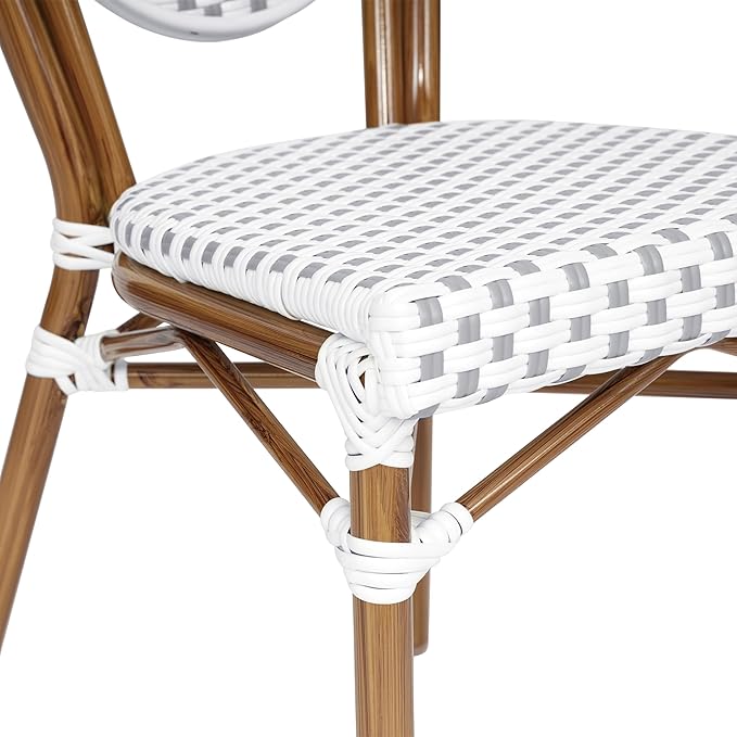 Flash Furniture Lourdes Indoor/Outdoor Commercial Thonet Bistro Stack Chair - White/Gray PE Rattan Back and Seat - Natural Bamboo Print Metal Frame - Set of 2