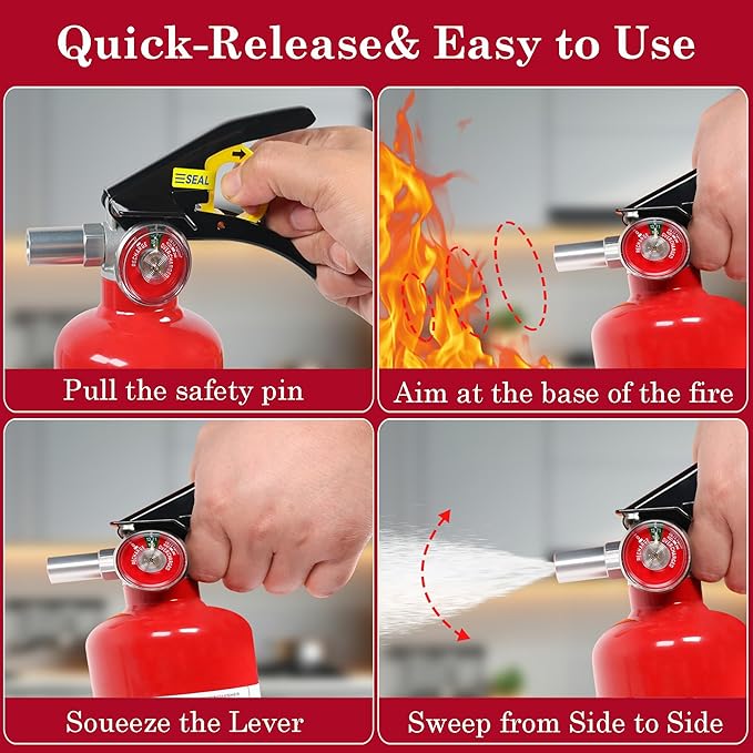 ABC Dry Chemical Fire Extinguisher, 2.5 lb 1A:10B:C Rated - Quick-Release Handle, Compact Portable Fire Safety Gear for Home Vehicle Boat RV Kitchen Grill