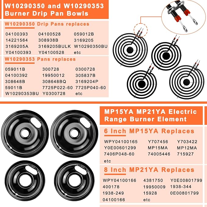 MP22YA Stove Burner & Black Porcelain Drip Pan with 330031 Receptacle Kit | Porcelain Stove Drip Pans of 4 & MP22YA Electric Range Burner Fit for Amana Whirlpool Stove, Replace W10290350 W10290353