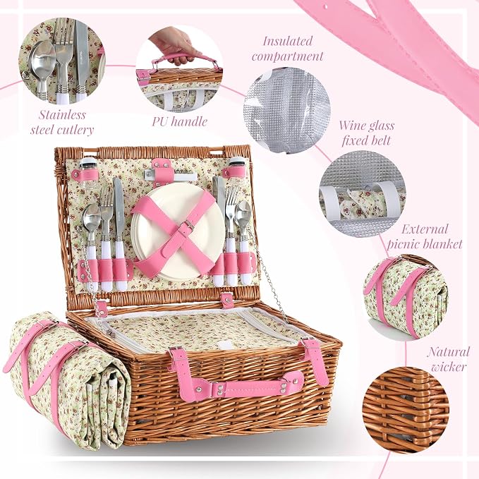 Wicker Picnic Basket Set for 4, Blanket, Cooler Bag, Pink Floral | Four-Person Wicker Set Includes Tableware, Insulated Food Storage and Waterproof Blanket for Parks, Camping, Dates and Gifts