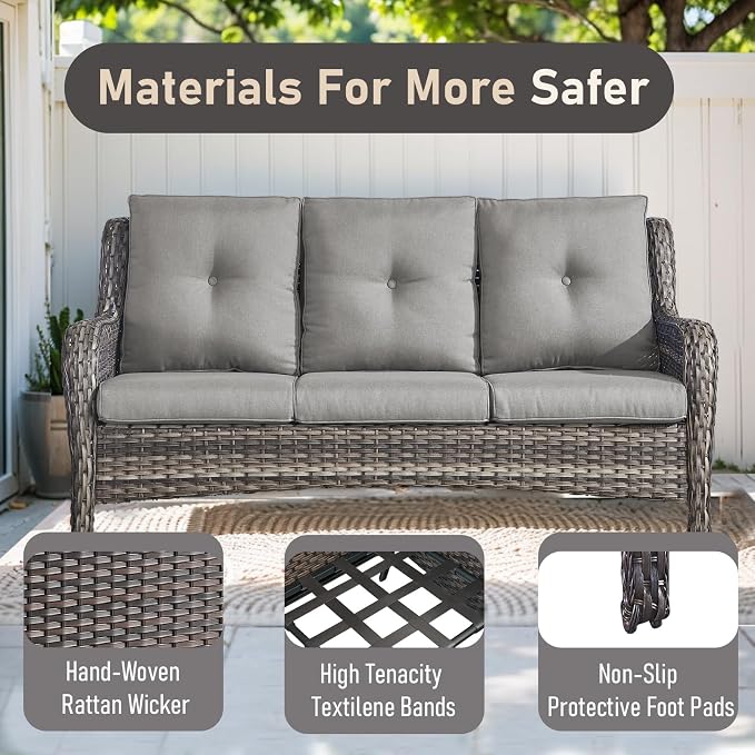 Outdoor Couch All Weather PE Wicker Patio Sofa Outdoor Sofa Deep Seating for Porch Deck Backyard-Grey/Grey