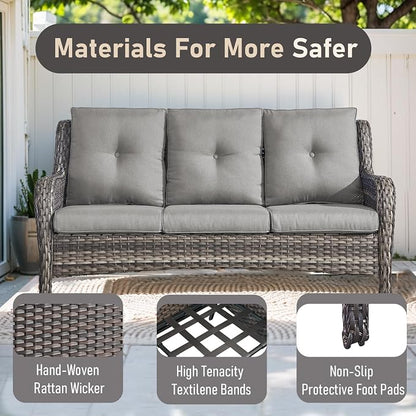Outdoor Couch All Weather PE Wicker Patio Sofa Outdoor Sofa Deep Seating for Porch Deck Backyard-Grey/Grey