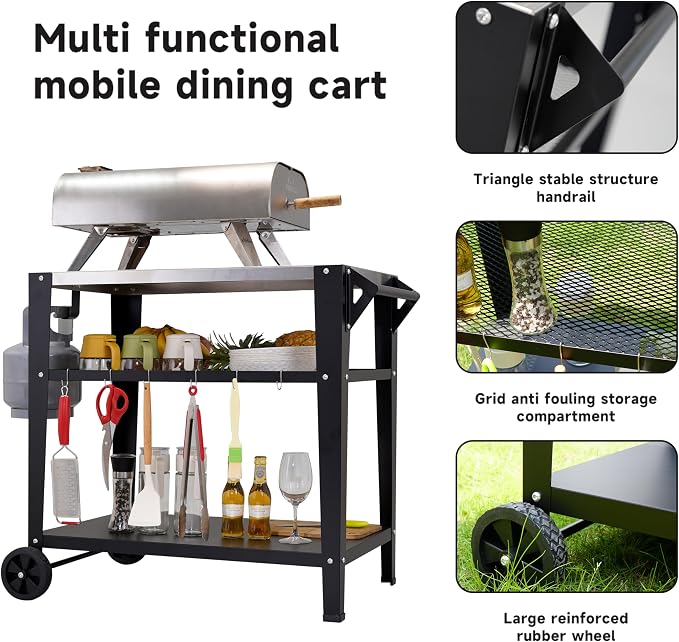 LEETOLLA Stainless Steel Outdoor Grill Cart with Wheels, Heavy-Duty 3-Tier BBQ Prep Table for Pizza Oven, Griddle, Patio – Rustproof Commercial Kitchen Cart with Tool Hooks