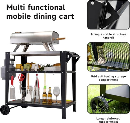 LEETOLLA Stainless Steel Outdoor Grill Cart with Wheels, Heavy-Duty 3-Tier BBQ Prep Table for Pizza Oven, Griddle, Patio – Rustproof Commercial Kitchen Cart with Tool Hooks