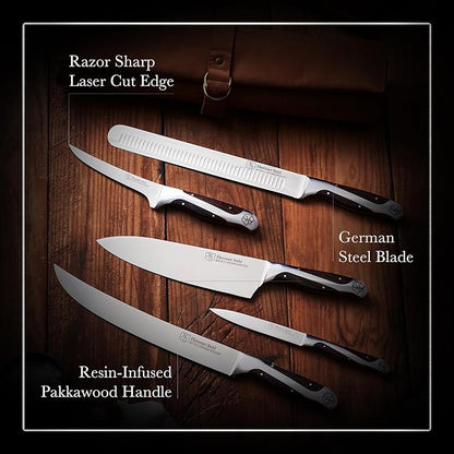 Hammer Stahl BBQ Knife Set | 5 Knives with Engraved Leather Roll | The Essential Barbecue Tools | High Carbon German Forged Stainless Steel Blades
