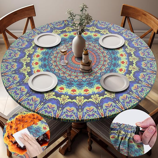 opstellen Fitted Mandala Round Tablecloth Waterproof Patio Table Cloths for 45-54" Tables Travel Vacation Camper Accessories Outdoor Road Trip Must Haves New Home Living Room House Decorations