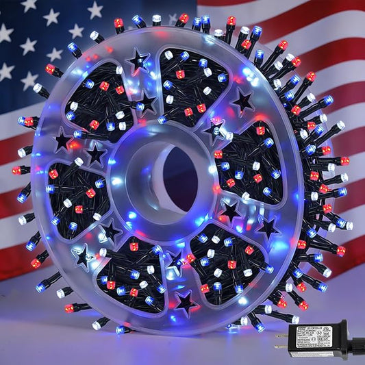 YEGUO 500 LED Red White and Blue String Lights Outdoor 4th of July Decorations - 165ft Patriotic Lights Plug in with 8 Modes for Memorial Independence Day Decor