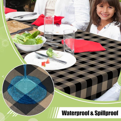 Smiry Picnic Table Cloth, Vinyl Tablecloths with Flannel Backing, 60"x144" | Waterproof Rectangle Table Cloth, Wipeable Buffalo Plaid Table Cover for Indoor and Outdoor (Black & Khaki)