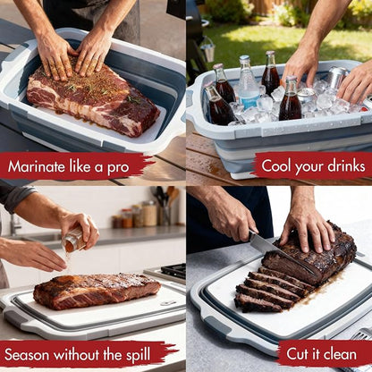 Collapsible XL Smoker & BBQ Prep Tub with Locking Lid | Includes Cutting Board, Meat Marinade & Brine Container For Turkey, Brisket & Ribs - Best Grill Accessories Gifts For Men