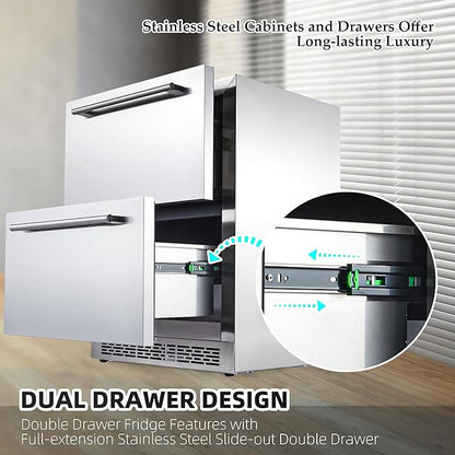 24 inch Undercounter Refrigerators with Weatherproof Full Stainless Steel Body, Built-in Beverage Refrigerator for Home and Commercial Use, Stainless Steel Door, Fast Cooling, Low Noise, 37-65 °F