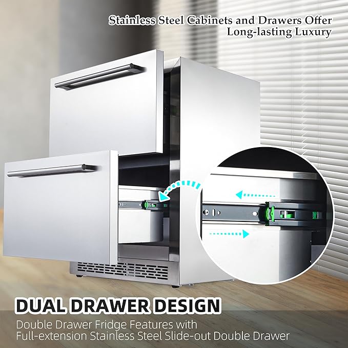 24 inch Undercounter Refrigerators with Weatherproof Full Stainless Steel Body, Built-in Beverage Refrigerator for Home and Commercial Use, Stainless Steel Door, Fast Cooling, Low Noise, 37-65 °F