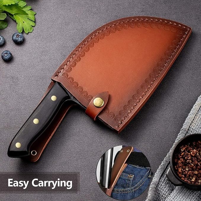 Freelander Serbian Chef Knife, Heavy Duty Handmade Forged Meat Cleaver for Meat Cutting, Full Tang High-Carbon Clad Steel Butcher Knife, Non-Slip Handle and Leather Sheath