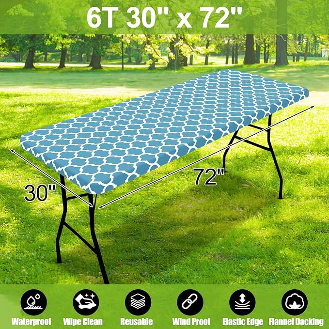 Smiry Picnic Fitted Table Cover, 6 Foot Flannel Backed Vinyl Tablecloth | Waterproof Elastic Stretch Table Cloth, Wipeable Plastic Tablecloth for Camping, Indoor & Outdoor (Light Blue, 30" x 72")